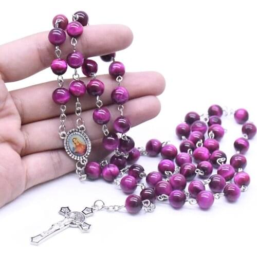 Virgin Plum Red Natural Tiger Eye Stone Cross Rosary Necklace Prayer Beads Christian Church Supplies