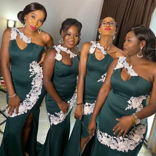 One Shoulder Mermaid Bridesmaid Dress Side Split Custom Made Maid of Honor Gowns Slim Fit Lace Appliqued Wedding Party Dress