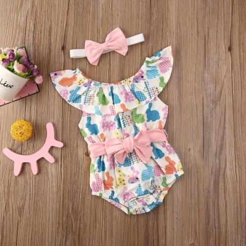 Dropshipping Newborn Baby Girls Clothes Easter off shoulder Ruffle Bandage Geometry Bodysuit bow Headband 2pc Toddler Outfits