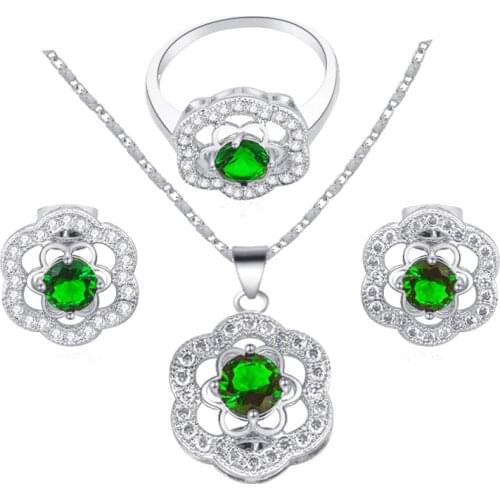 ROLILASON Green Zircon Silver plated Fashion jewelry cubic zirconia Jewelry Sets Earrings Necklace rings sz #6 #7 #8 #9 JS553