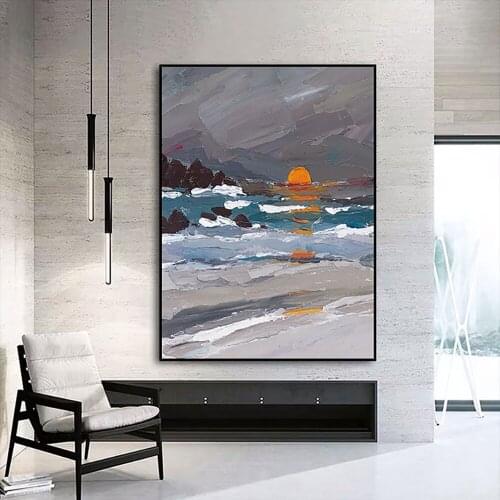 Hand Painted Abstract Oil Painting Canvas Large Size Landscape Wall Art Sunrise Beach Handmade Living Room Decoration Picture