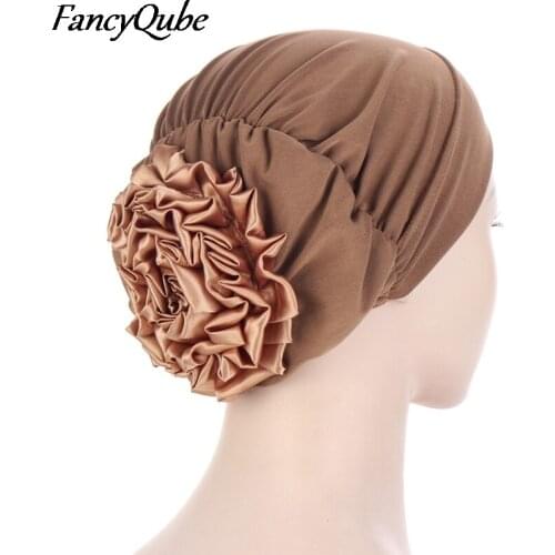 2021 Big Flower Women Turban Hat Muslim Headscarf Pile Heap Cap Women Soft Comfortable Hijab Caps Islamic Chemotherapy Hat