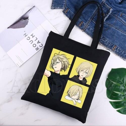 Yuri on Ice Unisex Handbags Custom Canvas Tote Bag Print Daily Use Reusable Travel Casual Shopping Bag Black