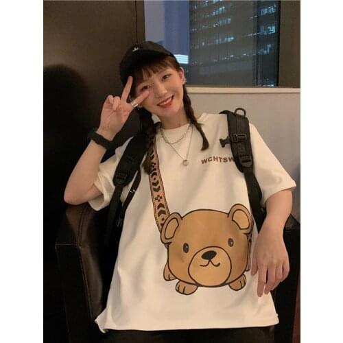 Tops Summer New Korean Short-sleeved T-shirt Female Loose Cartoon Printing Net Red Fashion Chic Hong Kong-style Bottoming Shirt