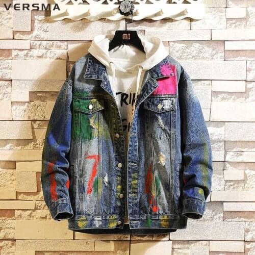 VERSMA Korean Ulzzang Kpop Graffiti Print Denim Jacket Men Autumn Streetwear Ripped Jacket Coat Male Plus Size 5XL Dropshipping