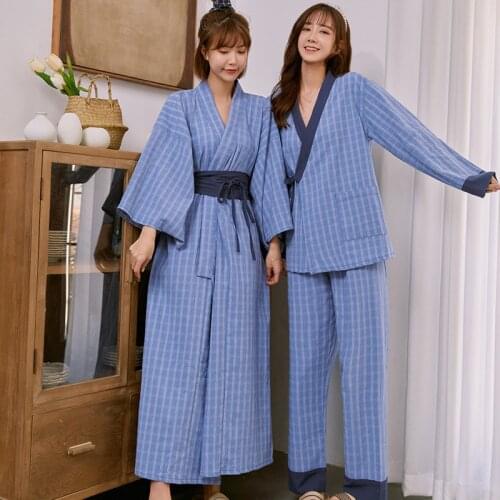 Japanese Kimono Robe Simple Fashion Plaid Cotton Pajamas V-neck Lace Up Two-piece Home Clothes Long Sleeve Plus Size Loungewear