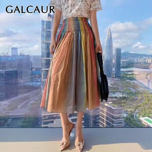 GALCAUR Colorful Skirt For Women High Waist Lace Up Patchwork Hit Color Loose Designer A Line Skirts Female 2020 Summer Clothing