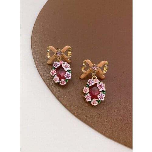 ZDMXJL Fashion 2021 New Trend Sweet Young Girls Bowknot Pink Crystal Women Earring Ear Stud Round Drop Pendant Jewelry Gifts