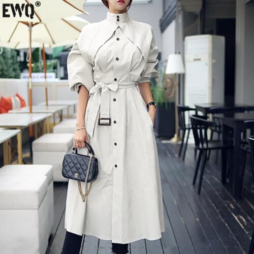 [EWQ] Korea Casual Trend Women Stand-up Collar Single-breasted Belt Fashion Long-sleeved Windbreaker Jacket Autumn 2021 16E1449
