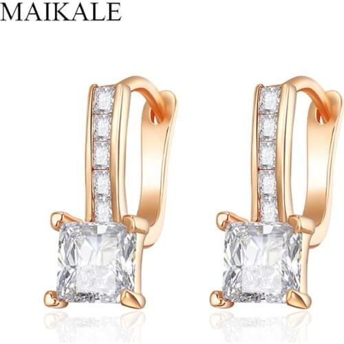 MAIKALE Classic Zircon Stud Earrings for Women Square AAA Cubic Zirconia Gold U-shape Korean Earrings Party Jewelry Gifts