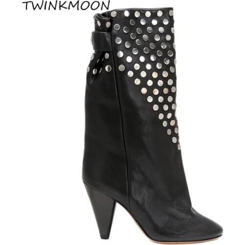 Studed Women High Boots Black Genuine Leather Mid Calf Boots Spike High Heels Celebrity 2020 Bottes Femme