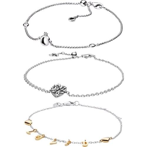 Sliding Clasp Link Chain Bracelets For Women 925 Sterling Silver Original Jewelry Zircon Stones Crown Family Tree Love Script