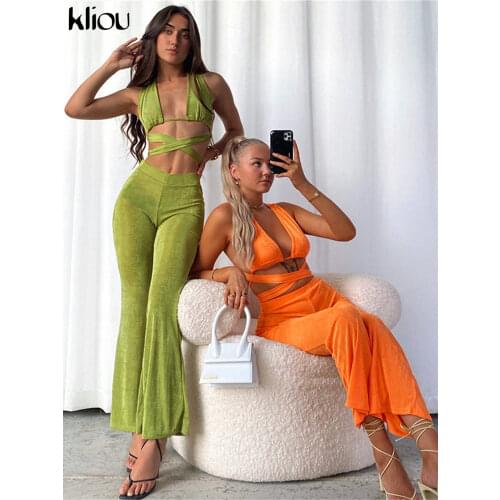 Kliou Solid Sexy Two Piece Sets Women Buckle Criss-Cross Cleavage Top+Vintage Flare Corset High Waist Pants Sexy Club Streetwear