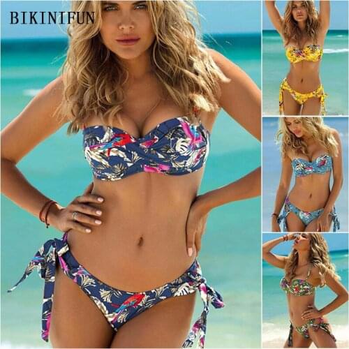2020 New Sexy Twist Bralette Swimsuit Women Floral Print Swimwear Backless Bathing Suit S-XL Girl Side Tied Beachwear Bikini Set