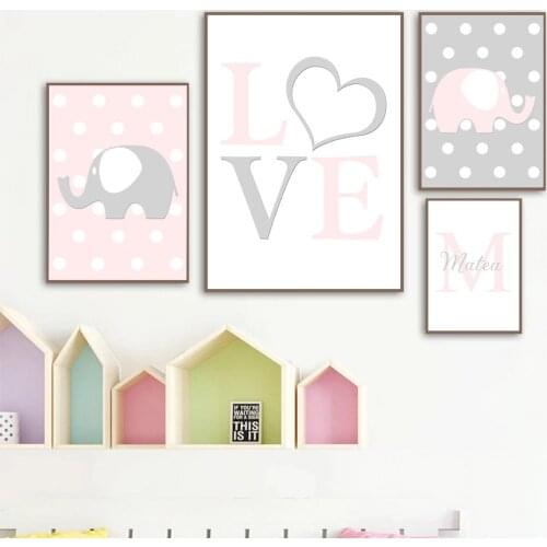 Abstract Elephant Name Custom Wall Art Poster Love Heart Art Print Quotes Canvas Painting Nordic Pictures Baby Kids Room Decor
