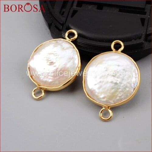 BOROSA 10PCS Gold Color Natural Pearl Connector for Bracelet,Freshwater Pearl Round Bezel Connector for Jewelry Making G1405