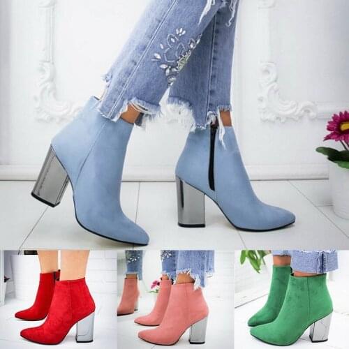 Ankle Boots Women Thick High Heels Pointed Toe Western Cowboy Boots Female Green Red Blue Leather Shoes for Lady Autumn Size 43