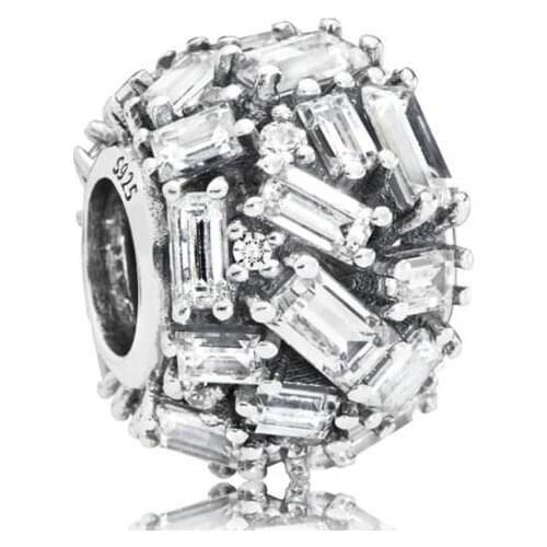 Genuine 925 Sterling Silver Charm Clear Chiselled Elegance With Baguette Crystal Beads Fit Pan Bracelet & Necklace Jewelry