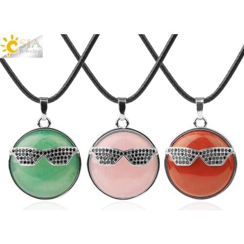 CSJA Healing Natural Stone Necklace Pendant Round Metal for Women Men Gift Pendants Gem Glasses Green Aventurine Necklaces G784