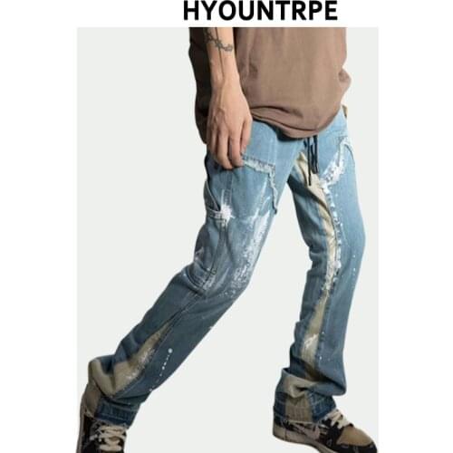Men Fashion Graffiti Printed Patchwork Denim Flare Jeans Casual Trousers Hip Hop Drawstring Graffiti Printed Streetwear Trousers