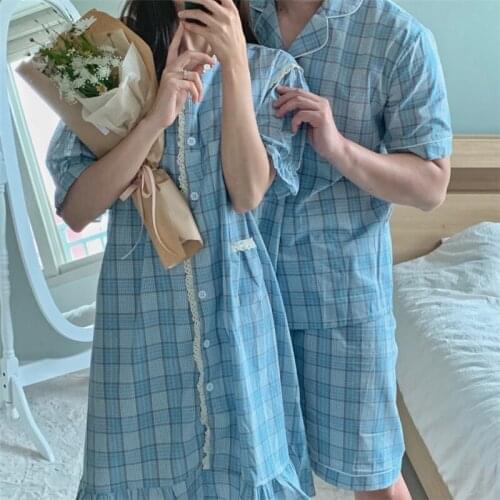 Blue Plaid Summer Nightgown Kawaii Lace Single Breasted Long Sleepwear Loose Cotton Puff Sleeve Home Clothes Homewear