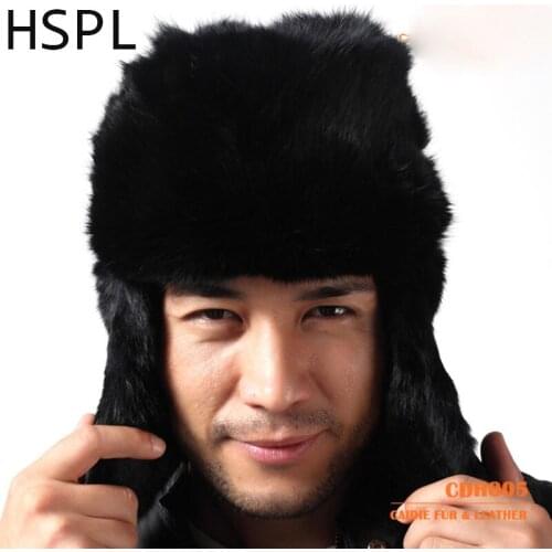 HSPL 100% Real Rabbit Fur Hat with Ear Flaps For Men in Winter For Keep Warm