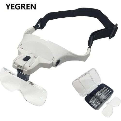 LED Illuminated Glasses Magnifiying Glass Eyeglasses Bracket Headband Interchangeable Magnifier with 2 LED Lighting 5 Lens