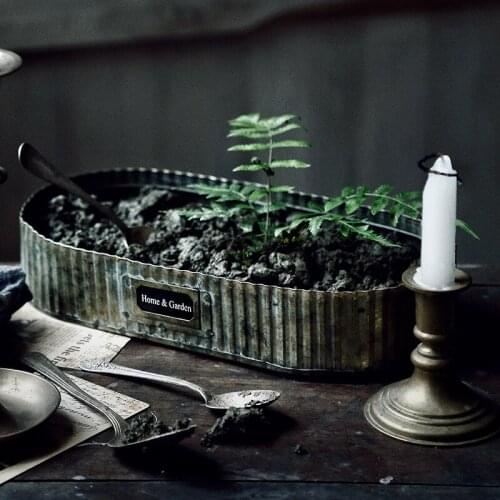 Iron Plate Tray Bread Cake Snack Food Photography Plate Retro Oval Stripe Metal Storage Garden Table Decoration Pan Basket