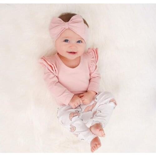 3pcs Cute Baby Girls Pink Soft Cotton Bodysuit Tops+Flamingo Print Pants+Headband Infant Toddler Girls Clothes Set Outfits