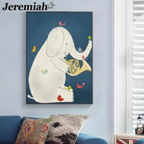 Cartoon Elephant Canvas Poster Cute Animal Bird Painting Wall Art Picture Print Modern Living Room Children Home Decoration