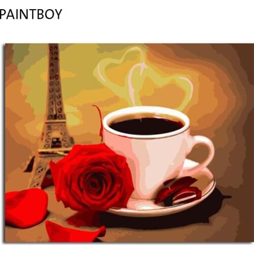 PAINTBOY Framed Canvas Painting By Numbers DIY Picture Oil Painting On Canvas For Home Decor Coffee And Rose