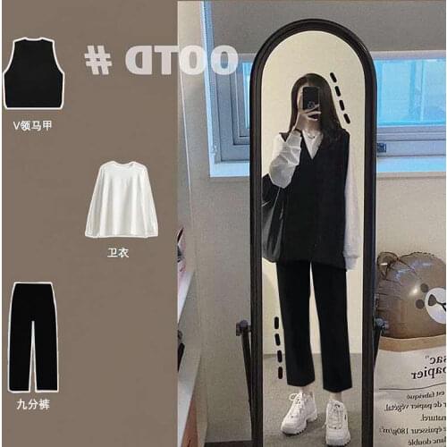 Three-piece womens 2021 new trendy Korean pants women + loose student long-sleeved sweater + simple solid color vest streetwear
