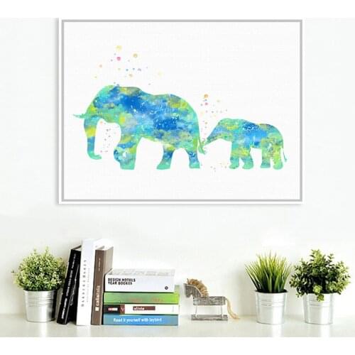 Original Watercolor Elephant Family Love Kids Room Modern Abstract Wall Art A4 Large Animals Poster Prints Canvas Painting Gift