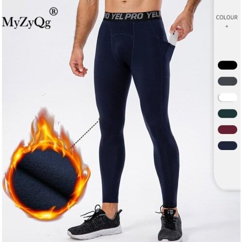 Fall Winter Men Fitness Legging Plus Velvet Running Tights Pants Pocket Sports Training Fit Breathable Gym Sportswear Trousers