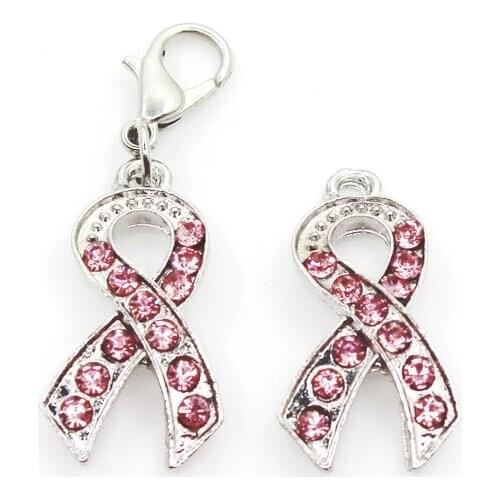 10pcs/lot Pink Ribbon Dangle Charms Pendant Charms Lobster Clasp Hanging For Necklace Charm Bracelet Jewelry