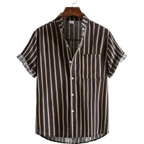 Fashoin Stripe Splicing Short Sleeve Shirts Summer Male Fashoin Button Up Stand-up Collar Tops With Pocket Harajuku Blouse Tops