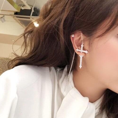 S925 Silver Studs Micro Mosaic CZ Crystals Cross Earrings Original Creative Single Punk Style Tassel Chain Earrings For Women