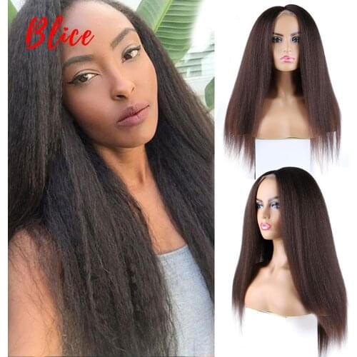 Blice Synthetic Hair Extensions 4*4 Closure Wig Kinky Straight Natural Black Color 100% Kanekalon Heat Resistant Wigs For Daily