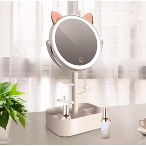 Makeup Mirror Desk Lamp, 3 in 1 USB Charging Lighted Makeup Vanity Mirror Desk Lamp Storage Creative Cartoon Pet Style