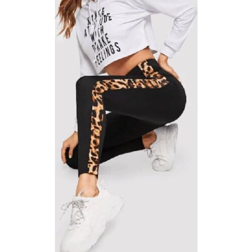 Women High Waist Fitness Leggings Sports Pants Elastic Leopard Patchwork Workout Running Slim Gym Trousers
