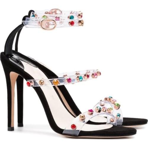 Ladies PVC Straps Rhinestone Rivets Studs Sandals Summer Rhinestone Buttons Party Dress Stiletto Heels Open Toe Female Sandalias