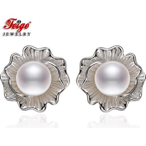 Trendy Flowers 925 Sterling Silver White Natural Freshwater Pearl Stud Earrings Women Party Jewelry Gifts Wholesale FEIGE