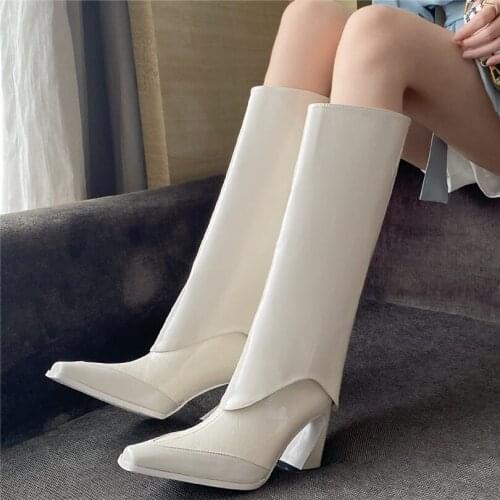 Sexy Party Pumps Womens Cow Leather Square Toe Knee High Boots Block High Heel Tall Long Platform Boots 34-41