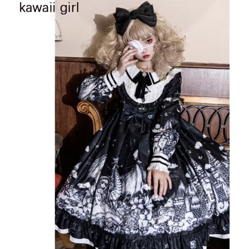 Sweet Cute Gothic Lolita One Piece Op Dress Women Kawaii Girls Palace Tea Party Vintage Ruffle Black Big Hem Daily Dresses 2021