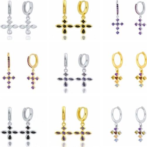 GS 925 Sterling Silver Colored Zircon CZ Cross Pendant Dangle Hoop Earrings For Women Luxury Pendiente Drop Round Earring Gift