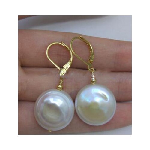 Free shipping>>>>noble jewelry Huge 13-14mm White Baroque South Sea Pearl Earrings 14K YELLOW GOLD