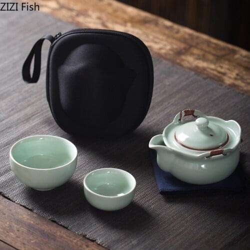 Chinese-style Cyan Porcelain Tea Set Set Double Quick Cup One Pot Two Cup Set Portable Teapot Car Travel Kung Fu Tea Set Gift