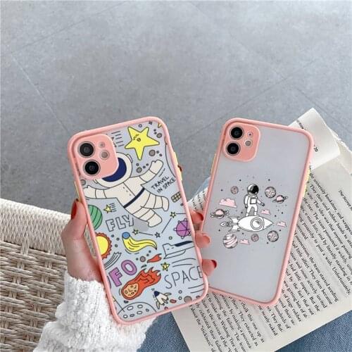 Star Astronaut Phone Case For iPhone 12 11 Mini Pro XR XS Max 7 8 Plus X Matte transparent Pink Back Cover