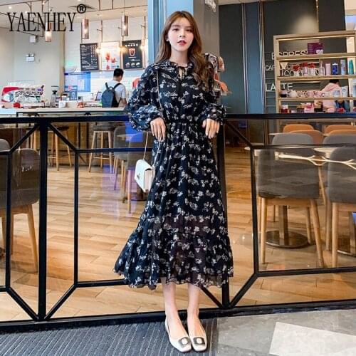 Black Floral Chiffon Long Sleeve Women Dress Elegant Printing Fashion Long Dress Womens Ruffle Women Maxi Dresses Autumn Korean