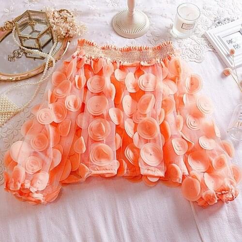 Elegant Women Slash Neck Lantern Sleeve 3D Petals Flower Layer Mesh Gauze Shirt Female Short Chiffon Pullover Ruffle Blouse Tops